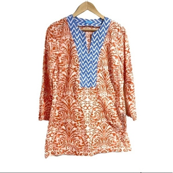 J. McLaughlin tunic small scroll zig zag blue orange coral & white shirt - Picture 1 of 4